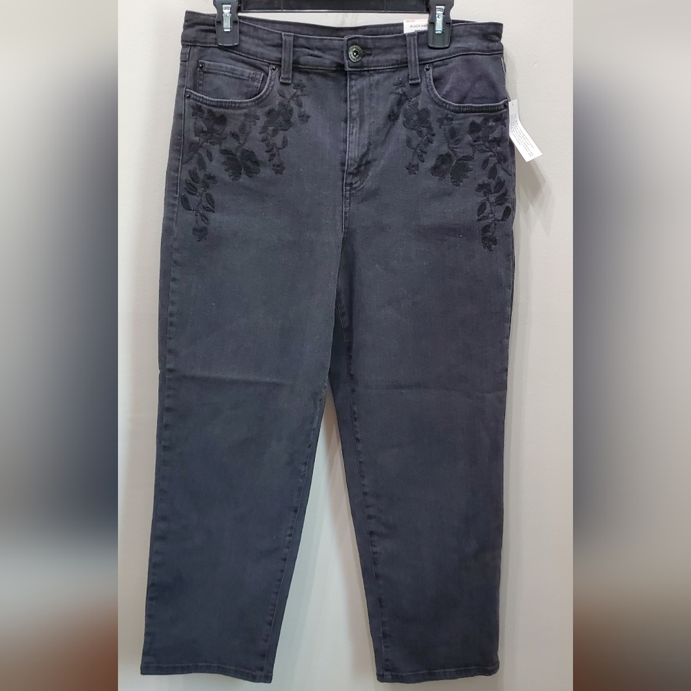 INC INTERNATIONAL BLACK EMBROIDERED HIGH WAISTED STRAIGHT LEG JEANS